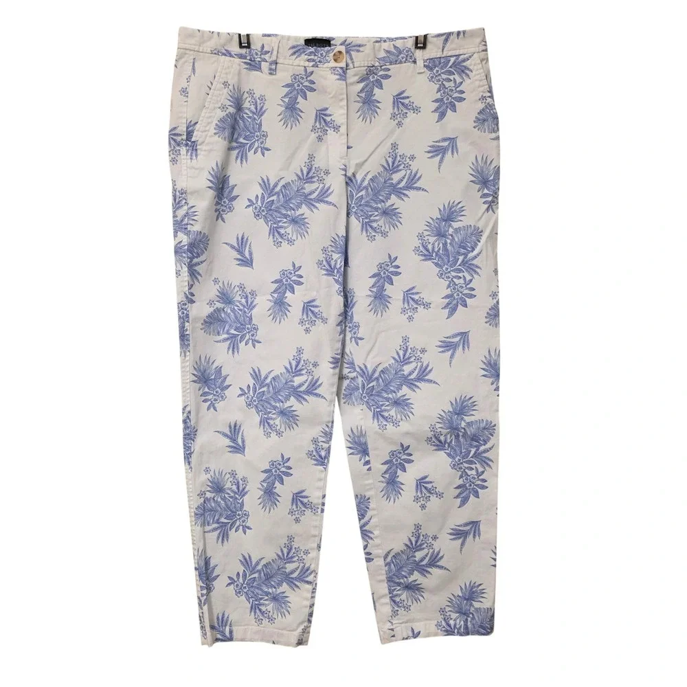 Talbots Relaxed Chino Pants Womens 14 Blue White Tropical Floral Botanical Print - Picture 1 of 8